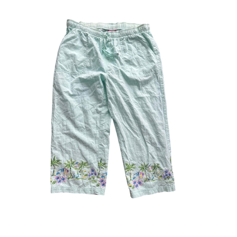 Pappagallo Womens Aqua Blue Cotton Tropical Palm Tree Embroidered Crop Pants S
